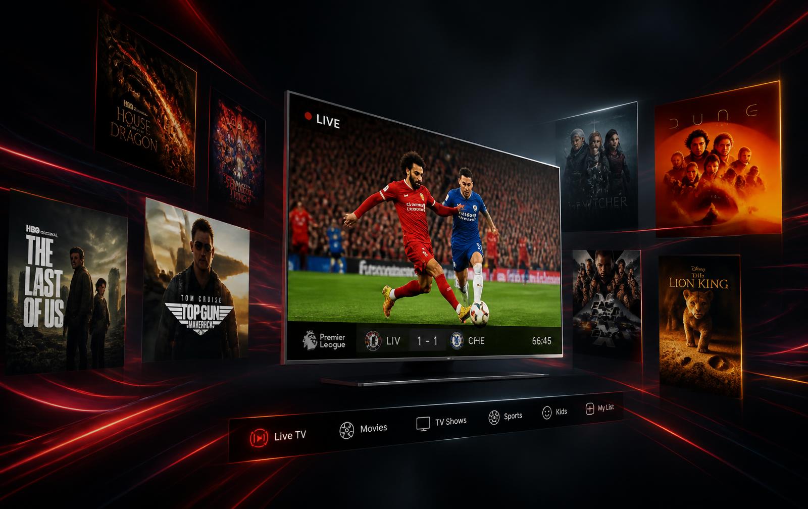 Smart TV exibindo futebol ao vivo em 4K cercada por capas de filmes e séries